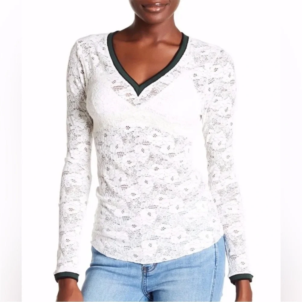 Free People Lace V-Neck Long Sleeve Top Large